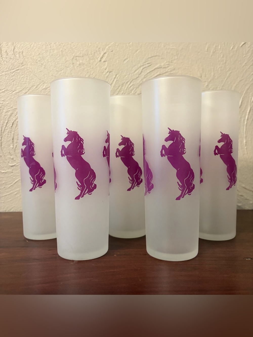 Vintage 80s Libby Frosted Purple Unicorn Tom Collins Glasses Set Of 5 Whimsical
